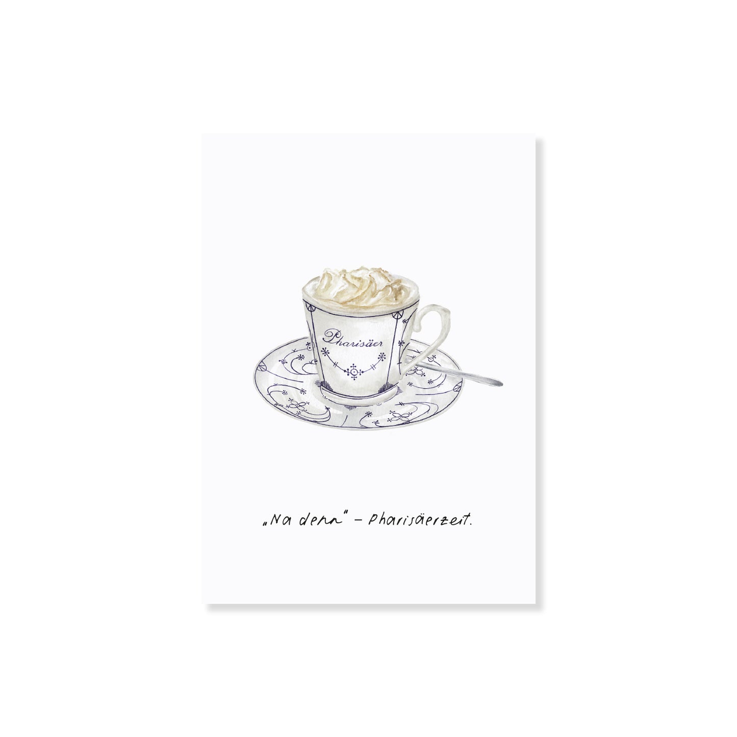 Typisch nordfriesische Postkarte mit handgezeichneter Illustration eines Pharisäers – das ist ein typisches Getränk aus Nordfriesland bestehend aus Kaffee und Rum mit Sahnehaube. Mit lustigem Spruch "Na denn - Pharisäerzeit". Humorvolle Geschenkidee für echte Nordfriesen.