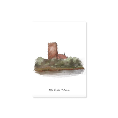 Minimalistische Postkarte der „Alten Kirche Pellworm“ mit Aquarelleffekt, dargestellt in warmen Erdtönen und grünen Akzenten, auf weißem Hintergrund mit weichen Schattierungen.