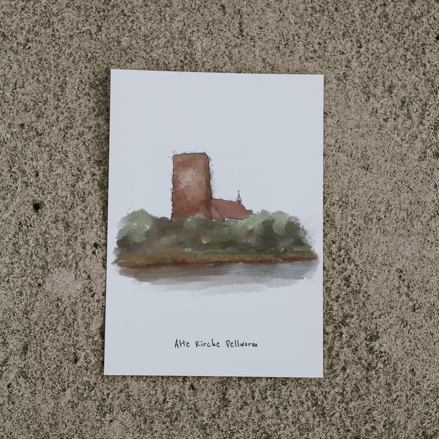 Postkarte mit Aqaurell Malerei der „Alten Kirche Pellworm“. Unter der Illustration ist eine Schrift die die Sehenswürdigkeit beschreibt.