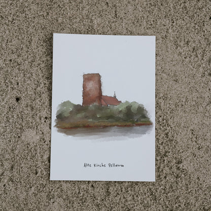 Postkarte mit Aqaurell Malerei der „Alten Kirche Pellworm“. Unter der Illustration ist eine Schrift die die Sehenswürdigkeit beschreibt.