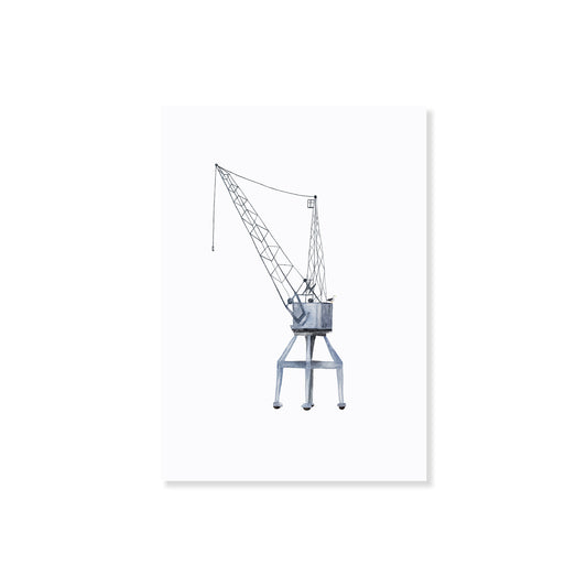 Postkarte mit Aquarellillustration eines historischen Hafenkrans aus der Hamburger Hafencity, mit kleiner Möwe auf dem Kran. Maritimes Motiv für Hamburg-Fans, perfekt als Grußkarte, Dekoration oder Geschenk mit norddeutschem Flair.