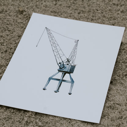 Detailansicht einer Postkarte mit Aquarellzeichnung eines historischen Hafenkrans aus der Hamburger Hafencity. Feine Linien und maritime Farben betonen das typische Hamburg-Motiv – ideal für Fans norddeutscher Illustration und Hafenromantik.