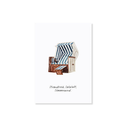 Postkarte mit handgezeichneter Illustration eines Strandkorbs – maritimes Design für Urlaubsgefühle zuhause. Perfekt zum Verschenken oder Dekorieren. Entdecke jetzt Saltwaterdesigns.