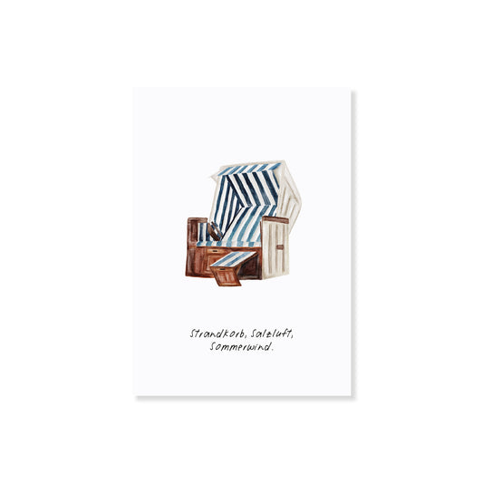 Postkarte mit handgezeichneter Illustration eines Strandkorbs – maritimes Design für Urlaubsgefühle zuhause. Perfekt zum Verschenken oder Dekorieren. Entdecke jetzt Saltwaterdesigns.