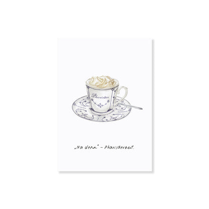 Typisch nordfriesische Postkarte mit handgezeichneter Illustration eines Pharisäers – das ist ein typisches Getränk aus Nordfriesland bestehend aus Kaffee und Rum mit Sahnehaube. Mit lustigem Spruch "Na denn - Pharisäerzeit". Humorvolle Geschenkidee für echte Nordfriesen.