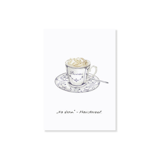 Typisch nordfriesische Postkarte mit handgezeichneter Illustration eines Pharisäers – das ist ein typisches Getränk aus Nordfriesland bestehend aus Kaffee und Rum mit Sahnehaube. Mit lustigem Spruch "Na denn - Pharisäerzeit". Humorvolle Geschenkidee für echte Nordfriesen.