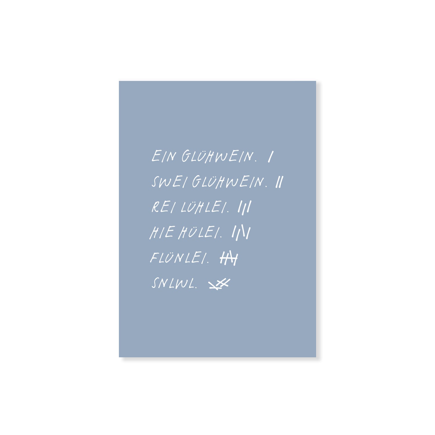 Blaue Postkarte "Glühwein"mit mehreren Worten. Humorvoller Spruch auf schlichtem Hintergrund.