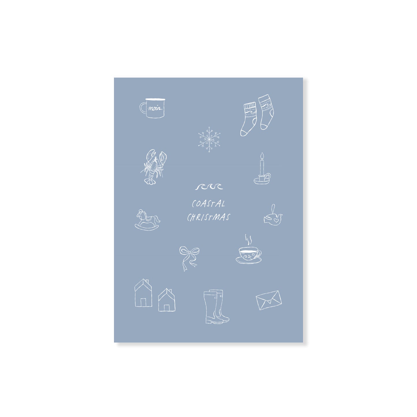 Blaue Postkarte mit dem Schriftzug „Coastal Christmas“ und liebevollen nordischen, maritimen Illustrationen auf schlichtem Hintergrund.