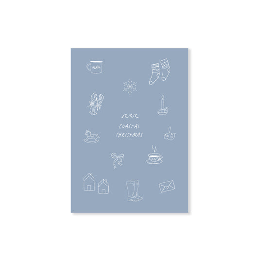 Blaue Postkarte mit dem Schriftzug „Coastal Christmas“ und liebevollen nordischen, maritimen Illustrationen auf schlichtem Hintergrund.