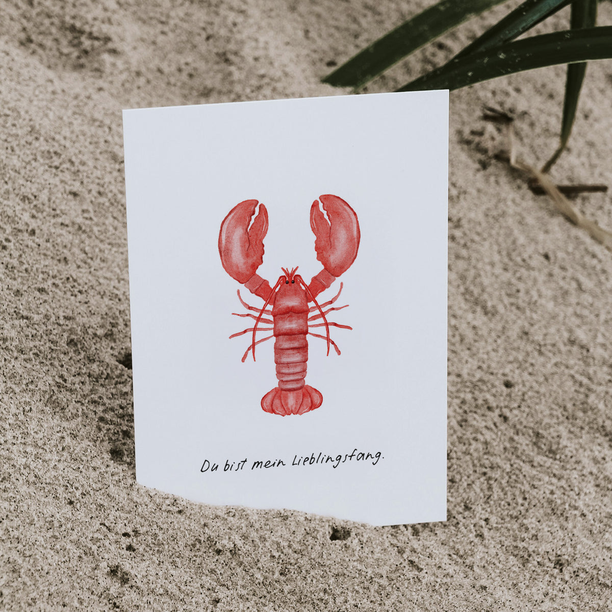 Postkarte Hummer im Sand stehend, im Hintergrund Strandgras.