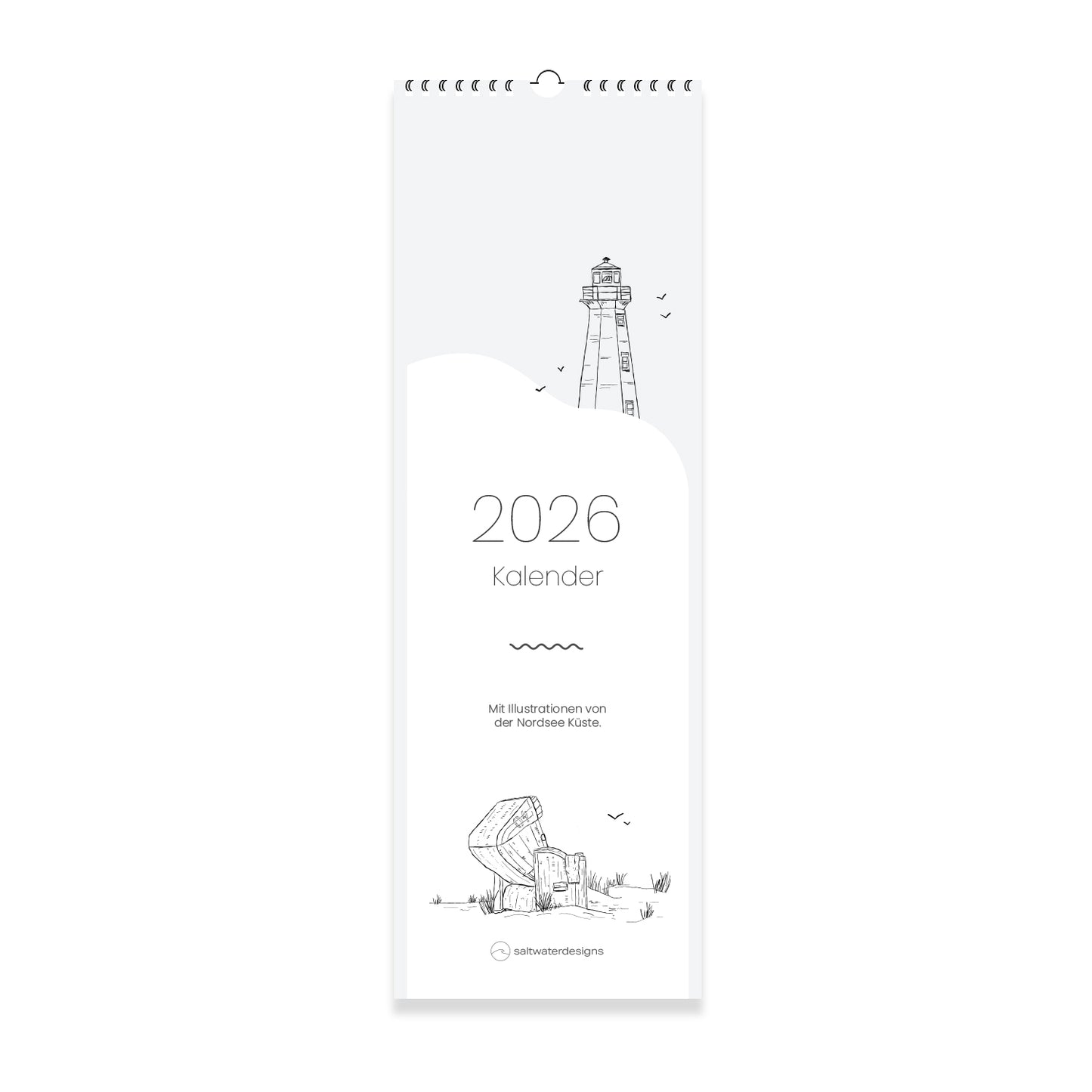 Neutrale Ansicht vom saltwaterdesigns Küchenkalender 2026. Illustrationen von der Nordsee Küste.