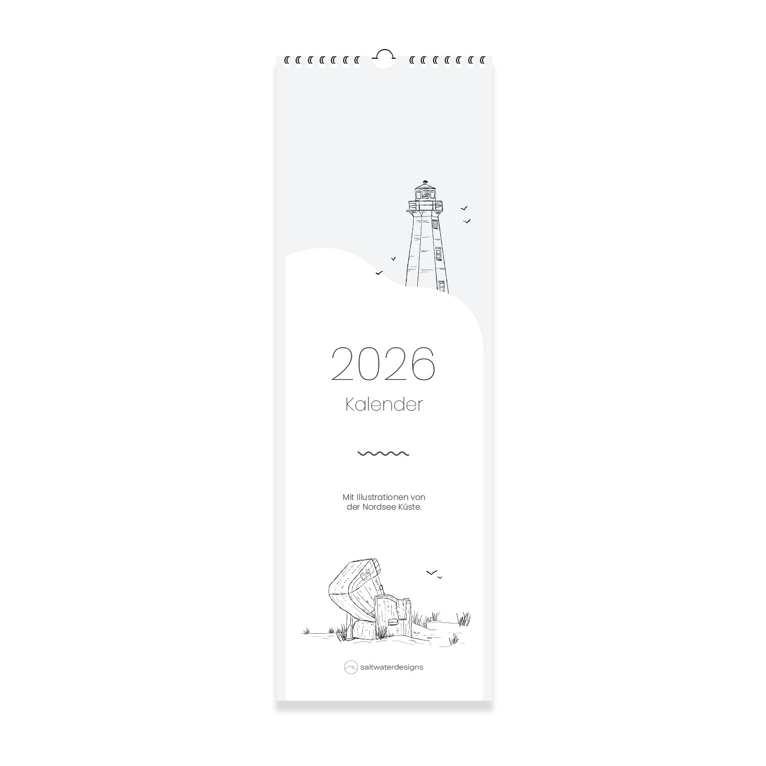 Neutrale Ansicht vom saltwaterdesigns Küchenkalender 2026. Illustrationen von der Nordsee Küste.