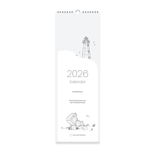 Neutrale Ansicht vom saltwaterdesigns Küchenkalender 2026. Illustrationen von der Nordsee Küste.
