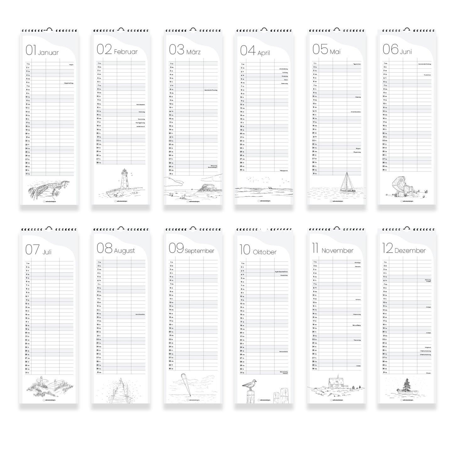 Übersicht der 12 Kalenderseiten, zeigt verschiedene Illustrationen vom Leuchtturm, Strand, Segelboot, Strandkorb, Dünen, Surferinnen, Möwe, Steg, Reetdachhaus, Boot und mehr.