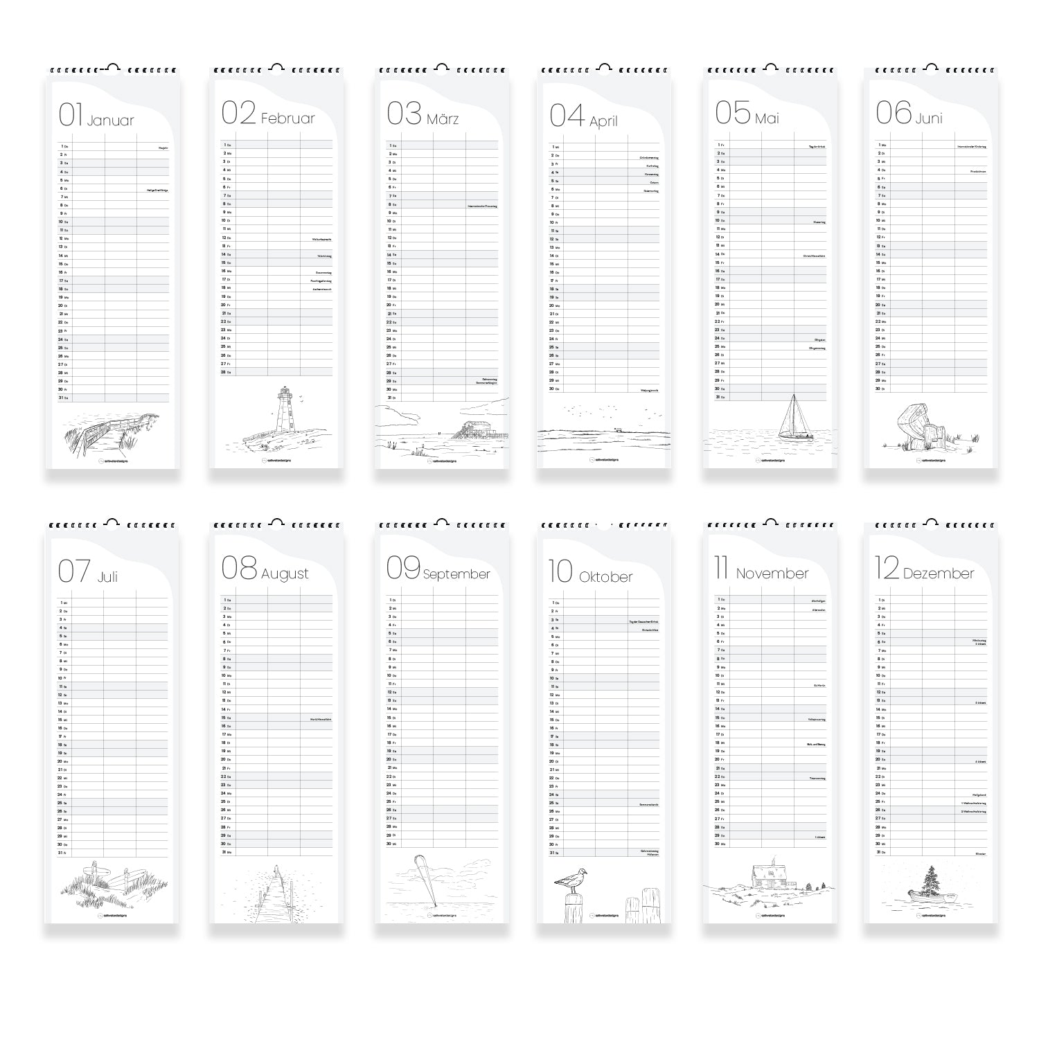 Übersicht der 12 Kalenderseiten, zeigt verschiedene Illustrationen vom Leuchtturm, Strand, Segelboot, Strandkorb, Dünen, Surferinnen, Möwe, Steg, Reetdachhaus, Boot und mehr.